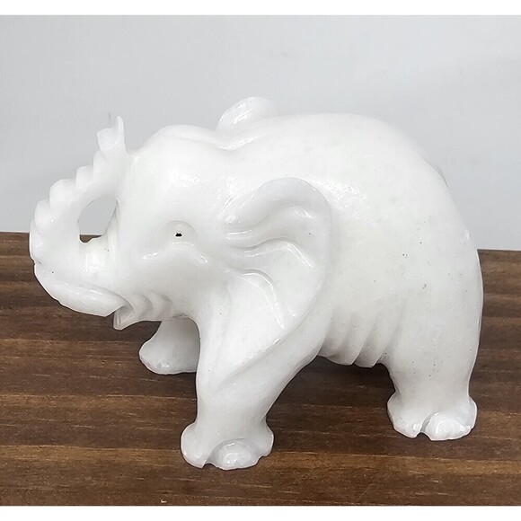 Unbranded Other - Hand Carved Natural White Stone Elephant Figurine Statue Trunk Up Good Luck 3.5"